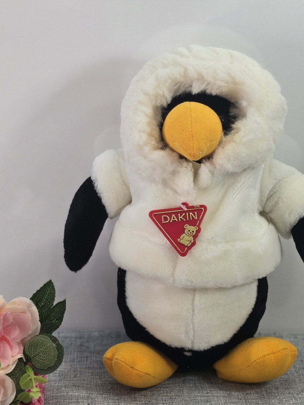 Vintage 1988 Dakin Penguin Plush Stuffed Animal with Faux Fur Hood Made in Korea